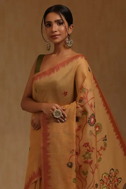 Beige Chanderi Floral Woven Design Saree